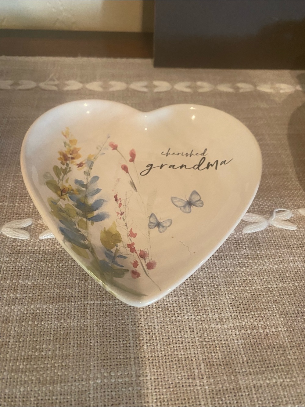 Cherished Grandma Heart Jewelry Dish - White Porcelain Floral Trinket Bowl